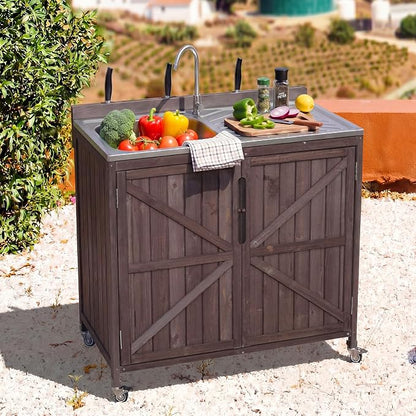 Merax Farmhouse 39.4" Outdoor Grill Cart with Stainless Steel Sink & Back Splash, Wood Rolling BBQ Prep Table w/Storage Cabinet & 4 Lockable Wheels for Patio and Outdoor Cooking,Dark Brown