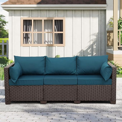 Rattan Star Outdoor Couch 3 Seater Sofa Outdoor Furniture Deep Seat High Backrest Patio Couch with Non-Slip Cushions and Waterproof Cover, Peacock Blue