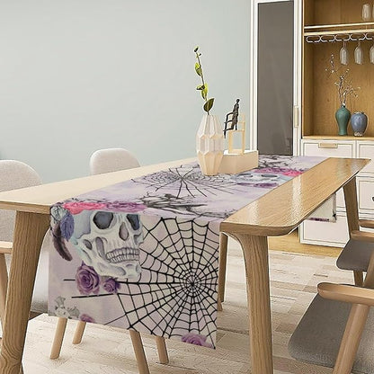 Halloween Table Runner Purple Skeleton Spider Web Ravens Gothic Spooky Runner Kitchen Dinning Decor for Indoor Outdoor Holiday Home Wedding Party 13x90 Inch