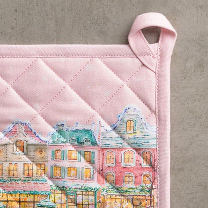 Maison d' Hermine Pot Holders 100% Cotton Potholders (8" x 8", Pack of 1) | Heat Resistant Hot Pads with Loop BBQ Cooking Kitchen Handling Hot Pans Thanksgiving Christmas - Christmas Market - Pink