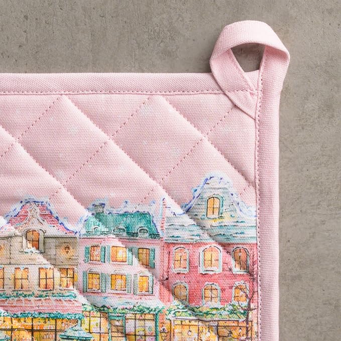 Maison d' Hermine Pot Holders 100% Cotton Potholders (8" x 8", Pack of 2) | Heat Resistant Hot Pads with Loop BBQ Cooking Kitchen Handling Hot Pans Thanksgiving Christmas - Christmas Market - Pink