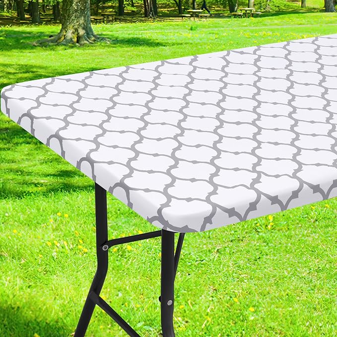Smiry Picnic Fitted Table Cover, 6 Foot Flannel Backed Vinyl Tablecloth | Waterproof Elastic Stretch Table Cloth, Wipeable Plastic Tablecloth for Camping, Indoor & Outdoor (White, 18" x 72")