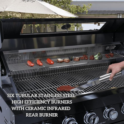 Modular 304 Stainless Steel Outdoor Kitchen Island Gas Grill,Six Burner 85000 BTU Barbecue Station with Refrigerator,Sink,Faucet,Rotisserie,Granite Countertop,Storage Drawers,Cabinets,Wheels (Black)