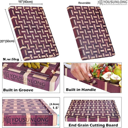 YOUSUNLONG End Grain Cutting Board - 20"L x 16"W Purple Heart Wood Chopping Board -1.5 Inch Thick with Juice Groove and Hand Grip - Butcher Block,Barbecue Tray,Cooktop Board,Cheese Board