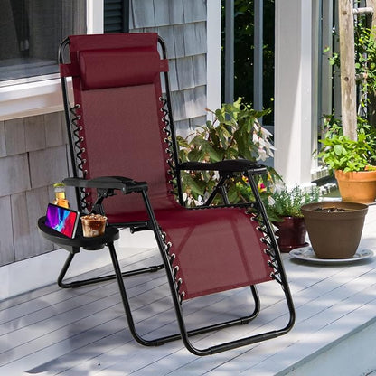 Goplus Zero Gravity Lounge Chairs, 160°Adjustable Folding Recliner w/Pillow and Cup Holder, 350LBS Comfy Outdoor Lounge Chairs for Patio, Lawn, Yard & Camp(1, Wine)