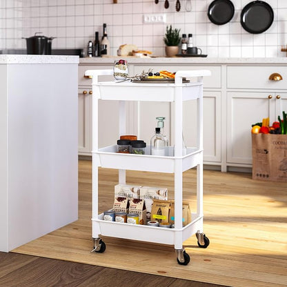 Steehoom 3-Tier Utility Rolling Cart with Cover Top Board, Mobile Utility Cart with Lockable Casters Multi-Functional Storage Trolley for Office, Bathroom, Kitchen, Garden, Laundry Room (White)