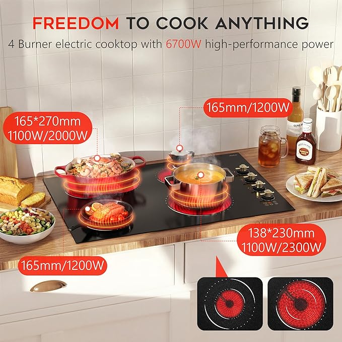 Electric Cooktop 30 Inch Hobsir, 4 Burner Electric Stove Top 6700W, Dual-Ring Burner & Oval Burner, 9 Power Level, 30 Inch Cook top with Safety Lock, Timer, Golden Knob