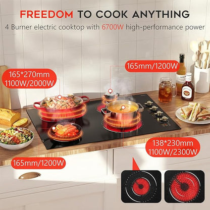 Electric Cooktop 30 Inch Hobsir, 4 Burner Electric Stove Top 6700W, Dual-Ring Burner & Oval Burner, 9 Power Level, 30 Inch Cook top with Safety Lock, Timer, Golden Knob