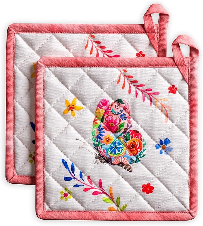 Maison d' Hermine Pot Holders 100% Cotton Heat Resistant Potholders 8" x 8" Hot Pads with Loop Baking Hotel Farmhouse Kitchen Handling Hot Pans Spring Summer (Pack of 2, Happy Florals - High Summer)
