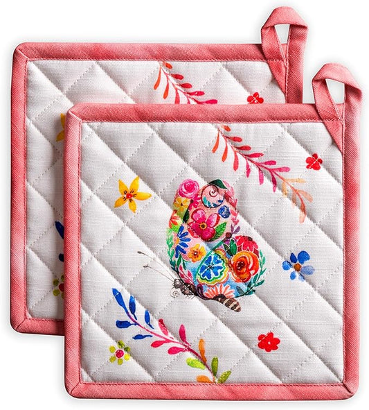 Maison d' Hermine Pot Holders 100% Cotton Heat Resistant Potholders 8" x 8" Hot Pads with Loop Baking Hotel Farmhouse Kitchen Handling Hot Pans Spring Summer (Pack of 2, Happy Florals - High Summer)