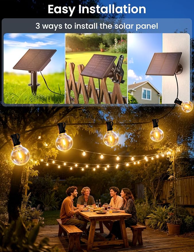 Brightever 50FT Solar String Lights Outdoor with Remote, 18+1 LED Shatterproof G40 Bulbs, 3 Lighting Modes & Timable, Waterproof Dimmable Solar Power Patio Lights for Camping, Backyard, Party