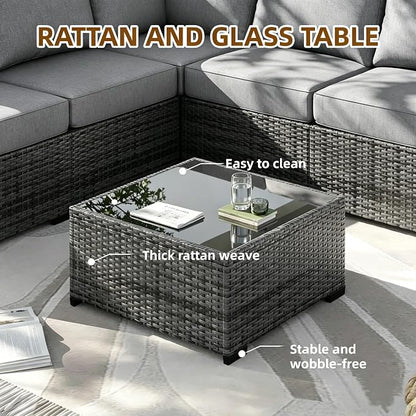 MOCHITO 5 Pieces Outdoor Patio Furniture Sets, All-Weather Sectional Sofa Grey PE Rattan Wicker Conversation Set with Glass Table and Washable Grey Cushions for Backyard,Sunroom,Garden,Porch