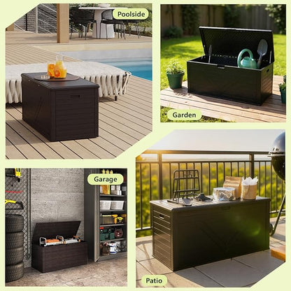 Outdoor Storage Box,260 Gallon Deck Box Outdoor Storage Bench Outside Waterproof Resin Storage Bench, Lockable Patio Cushions, Garden Tools Storage For Furniture, UV Resistant