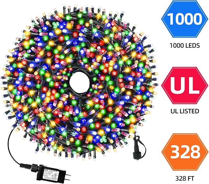 MZD8391 328FT 1000 LED Christmas Light Outdoor Indoor, Christmas Tree Light | Multicolor, 100% UL Listed, Waterproof, 8 Light Modes, Timer & Memory, Christmas String Light Decoration, Fairy Tree Light