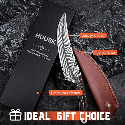 Huusk Feather Knife Hand Forged Japan Viking Knives High Carbon Steel Butcher Boning Knife for Meat Cutting Japanese Chef Knives Cooking with Sheath for Kitchen Camping Gift for Dad