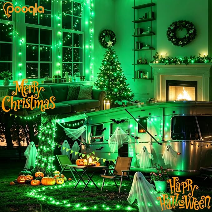 Pooqla 2 Pack String Lights Battery Operated, Total 66.6ft 200 LED Fairy Lights Indoor Outdoor Decorations, 8 Modes Green Battery Lights for Halloween Christmas Bedroom Porch Party Yard Decor