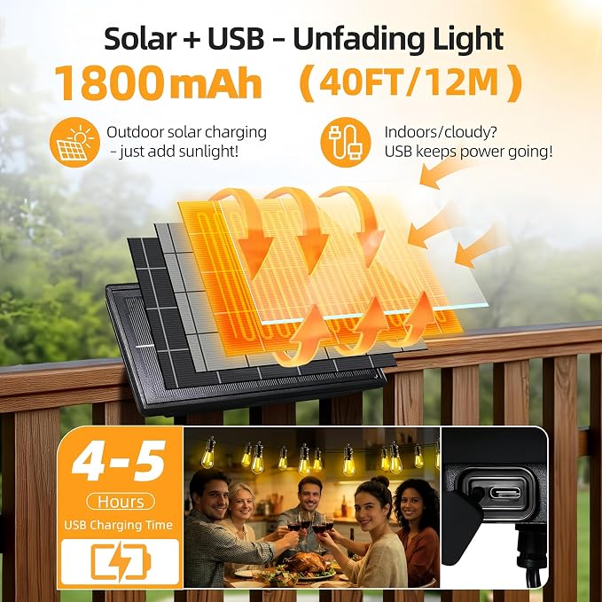 Solar Lights Outdoor, 40FT S14 LED IP65 Waterproof Patio Lights | 13 Shatterproof Edison Bulbs Hanging Light, Solar or USB Charging, 3 Lighting Modes for Backyard Porch Party Decor Warm White