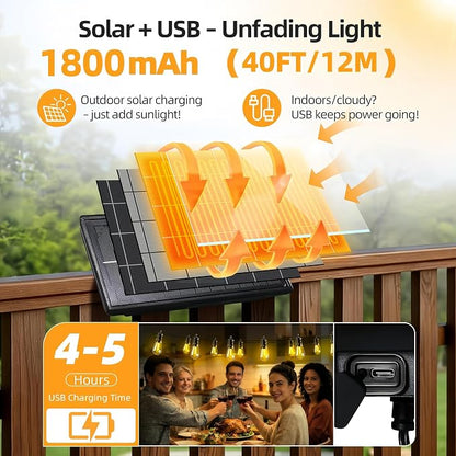 Solar Lights Outdoor, 40FT S14 LED IP65 Waterproof Patio Lights | 13 Shatterproof Edison Bulbs Hanging Light, Solar or USB Charging, 3 Lighting Modes for Backyard Porch Party Decor Warm White