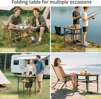 Anbte 2ft Camping Table Foldable, 24" x 16" Small Folding Table Portable | 3 Adjustable Heights Max 27.5", with Storage Net, Aluminum Lightweight, for Travel Beach Camping Picnic BBQ, Light Oak Grain