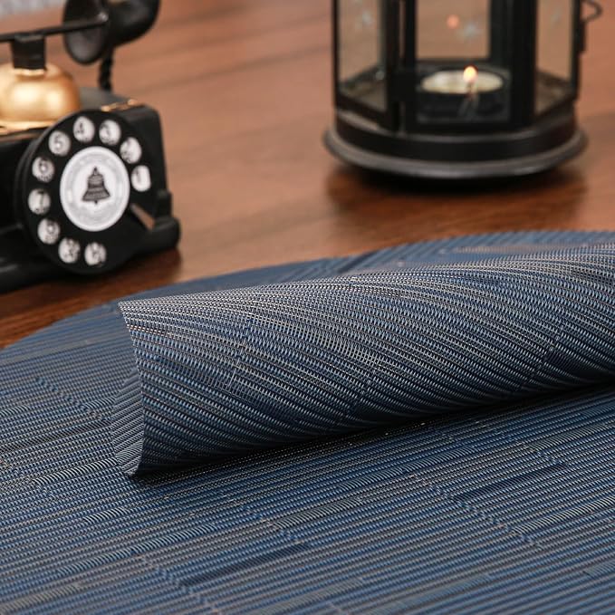Round Placemats Set of 8 Heat Resistant Vinyl Placemats 15 inch Washable Non-Slip Table Mats Woven Place Mats for Dining Table (Black + Dark Blue, Set of 8)