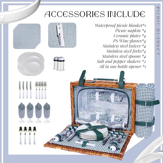 Wicker Picnic Basket Set for 4, Blanket, Cooler Bag, Cottage Plaid | Four-Person Wicker Set Includes Tableware, Insulated Food Storage and Waterproof Blanket for Parks, Camping, Dates and Gifts