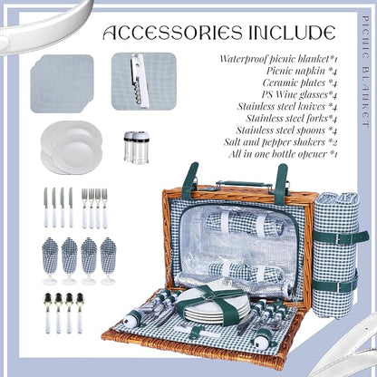 Wicker Picnic Basket Set for 4, Blanket, Cooler Bag, Cottage Plaid | Four-Person Wicker Set Includes Tableware, Insulated Food Storage and Waterproof Blanket for Parks, Camping, Dates and Gifts