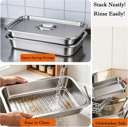 Grill Prep Tray & Serving Tray Set with Lids –5-Piece Grill Carry System for Marinating, Carrying & Serving, Stainless Steel BBQ Trays, BBQ Prep Grill Pan with 2 Lids and 1 Rack