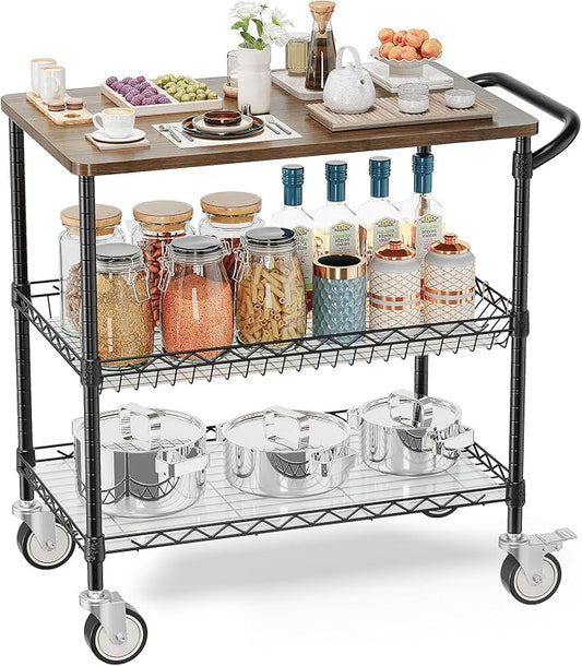 Rolling Kitchen Carts with Wheels, 3-Tier Utility Cart with Wood Tabletop | NSF Commercial Metal Serving Cart with Handle and Shelf Liner for Kitchen Snacks,34"D x 17.5"W x 32.5"H,Black
