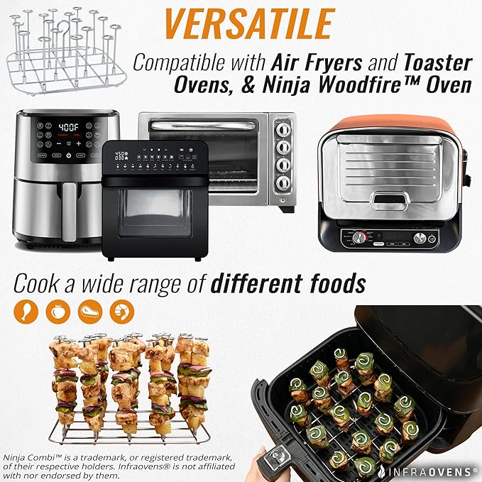 INFRAOVENS Air Fryer Rack for Ninja Woodfire Pizza Oven, 8-in-1 Outdoor Oven, Smoker, Stainless Steel Accessories for OO100 OO101 OO101B, Airfryer Skewer Stand, Kabobs and Rib Barbecue BBQ Rack