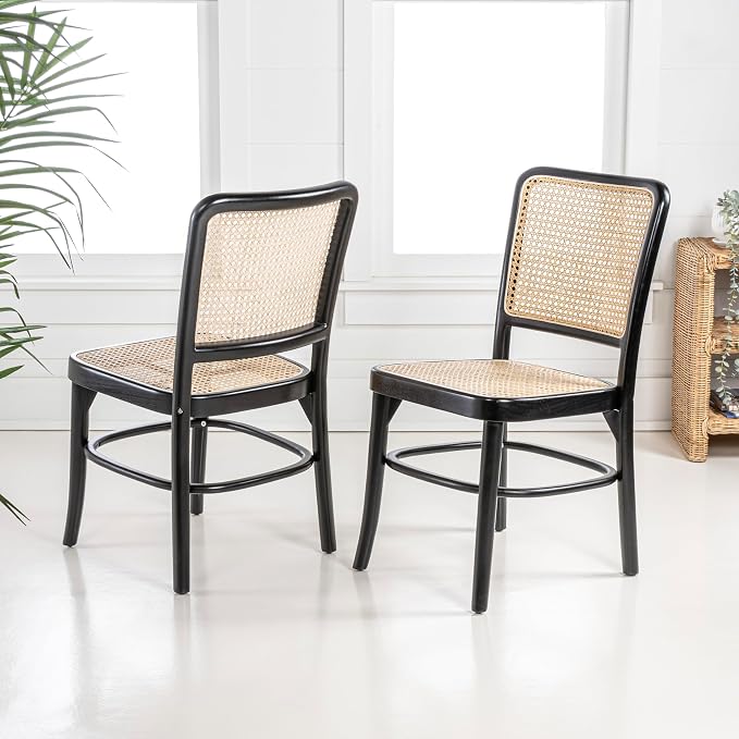 JONATHAN Y Colmar Mid-Century Black Mahogany Rattan Dining Chairs Set of 2 | For Kitchen And Home Office, Woven Cane Back, Armless Side Seating, Indonesian Solid Wood, Vintage Bohemian Style