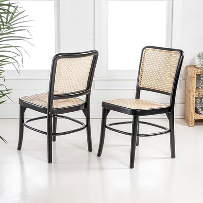 JONATHAN Y Colmar Mid-Century Black Mahogany Rattan Dining Chairs Set of 2 | For Kitchen And Home Office, Woven Cane Back, Armless Side Seating, Indonesian Solid Wood, Vintage Bohemian Style