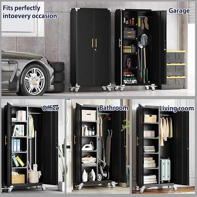erosoei 71" Broom Storage Cabinet, Cleaning Tool Storage Cabinet, Garage Utility Storage with Hooks and Hanging Rods, Heavy Duty Garden Tool Organizer, for Home, Garage, Laundry Room, Gym, Workshop.
