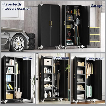 erosoei 71" Broom Storage Cabinet, Cleaning Tool Storage Cabinet, Garage Utility Storage with Hooks and Hanging Rods, Heavy Duty Garden Tool Organizer, for Home, Garage, Laundry Room, Gym, Workshop.