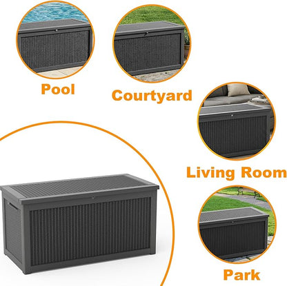ROJIK 320 Gallon Deck Box Outdoor Waterproof,Weatherproof Outdoor Storage Boxes Lockable with Lid,Outside Resin Storage Bench for Patio Cushions,Garden Tools and Pool Accessories(Black)