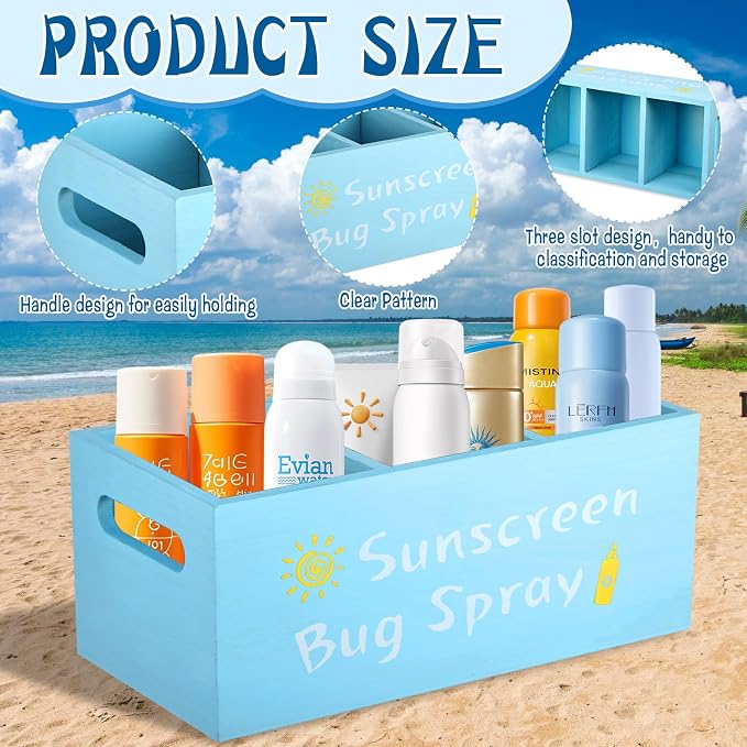 Sunscreen Bug Spray Storage Basket, Wooden Summer Poolside Storage Box with Three Compartments Toilet Tank Tray for Indoor Outdoor Swimming Pool Beach Sunblock Sunglasses Storage, Blue