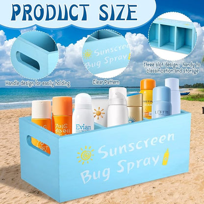 Sunscreen Bug Spray Storage Basket, Wooden Summer Poolside Storage Box with Three Compartments Toilet Tank Tray for Indoor Outdoor Swimming Pool Beach Sunblock Sunglasses Storage, Blue
