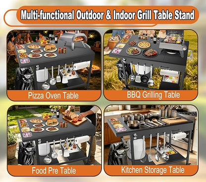 Pizza Oven Table with Topping Station, Outdoor Pizza Oven Cart, Grill Cart for Ninja, Cuisinart, Gozney, Movable BBQ Prep Table Station with Seasoning Tray for Patio, Kitchen, Backyard