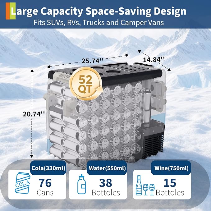 Garvee 12V Portable Car Refrigerator, 52QT Portable Freezer for Camping | with -4℉ to 50℉ Adjustable Temperature, 12/24V DC & 110-240V AC Compressor Fridge, Fast Cooling for Travel, Truck