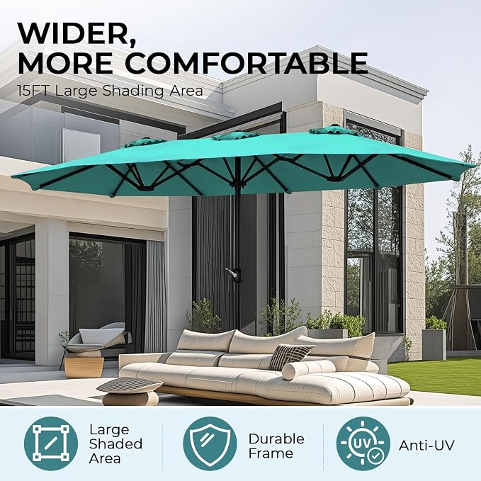 15ft Patio Umbrella with Base, 10-Year-No-Fade Large Outdoor Double-Sided Market Umbrella with UPF50+Terylene Polyester Fabric and Crank for Poolside Garden Deck Backyard Beach Pools