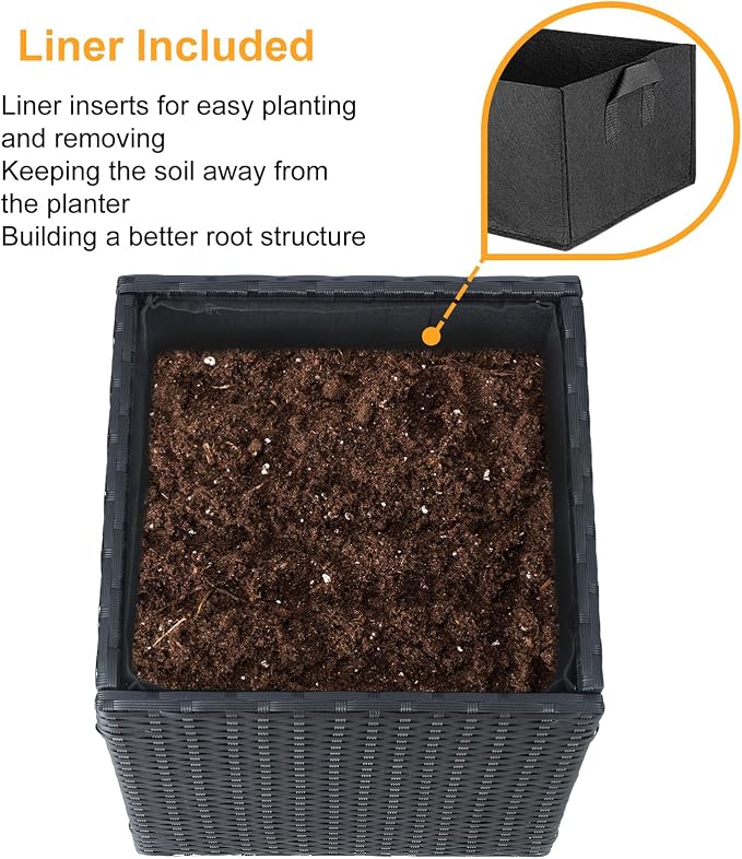 SUNNYPARK Black Square Planter Box Rattan for Outdoors 17x17x18inch | All-Weather, Handmade PE Rattan, Removable Liner, Indoor Outdoor, Patio Porch Garden, Modern Design for Plants Flowers