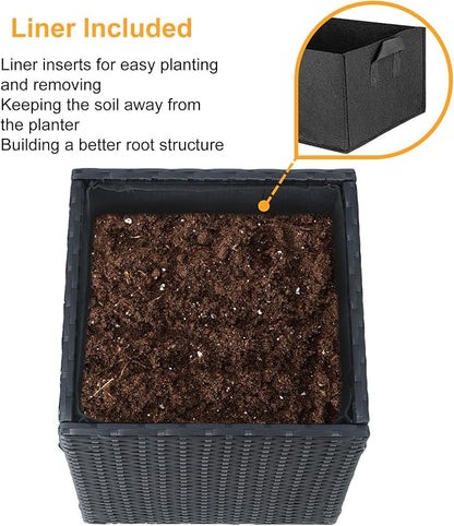 SUNNYPARK Black Square Planter Box Rattan for Outdoors 17x17x18inch | All-Weather, Handmade PE Rattan, Removable Liner, Indoor Outdoor, Patio Porch Garden, Modern Design for Plants Flowers