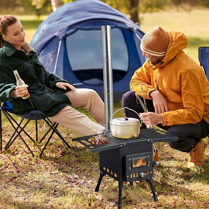 Wood Burning Camping Stove, Portable Cast Iron BBQ Grill Outdoor Cooking with Chimney Pipe, Black Wood Stove for Outdoor Cooking, Camping, Heating, Bonfire & Picnic