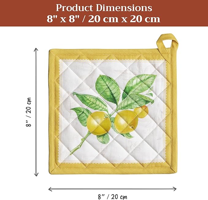 Maison d' Hermine Pot Holders 100% Cotton Heat Resistant Potholders 8" x 8" Hot Pads with Loop BBQ Cooking Baking Hotel Farmhouse Kitchen Handling Hot Pans Spring Summer (Pack of 1, Limoncello)