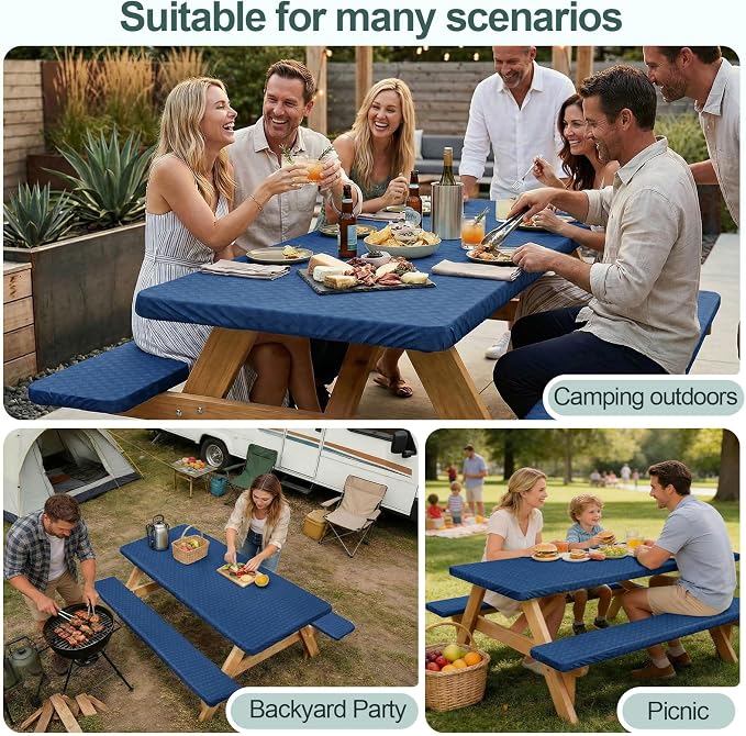 Picnic Table Cover Bench Covers Camping Essentials Tablecloth | Waterproof Vinyl for Outdoor, Windproof Elastic Fitted Edges, RV BBQ Accessories Must Haves, Storage Bag Included