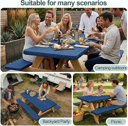 Picnic Table Cover Bench Covers Camping Essentials Tablecloth | Waterproof Vinyl for Outdoor, Windproof Elastic Fitted Edges, RV BBQ Accessories Must Haves, Storage Bag Included