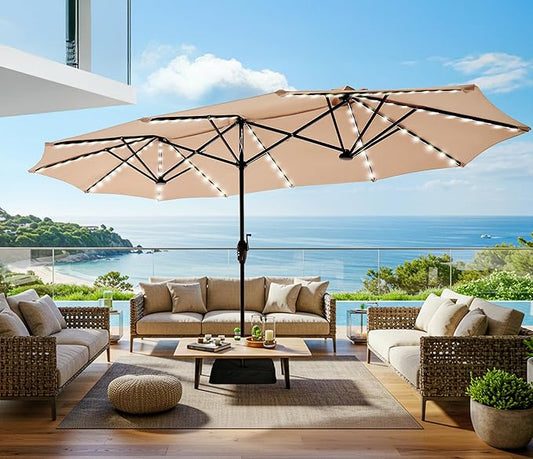 SUPERJARE 13ft Outdoor Patio Umbrella with Solar Lights, Double-sided Deck Pool Umbrella with 1.5 Inch Pole, Fade Resistant Canopy, 12 Sturdy Ribs, for Porch, Market, Backyard, Beige (No Base)