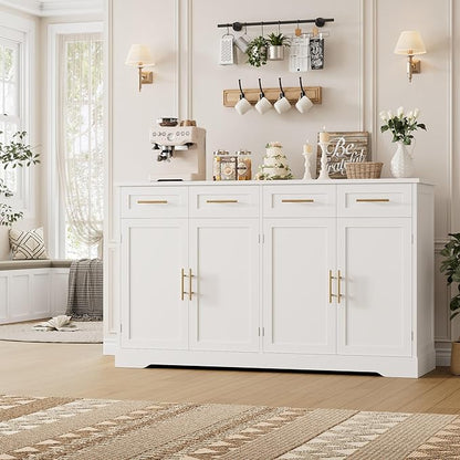 HOSTACK 60" Large Buffet Sideboard with Storage, 36" Tall Kitchen Buffet Storage Cabinet with 4 Drawers, Modern Coffee Bar Cabinet with Gold Handles, Long Sideboard Buffet Table for Kichen, White