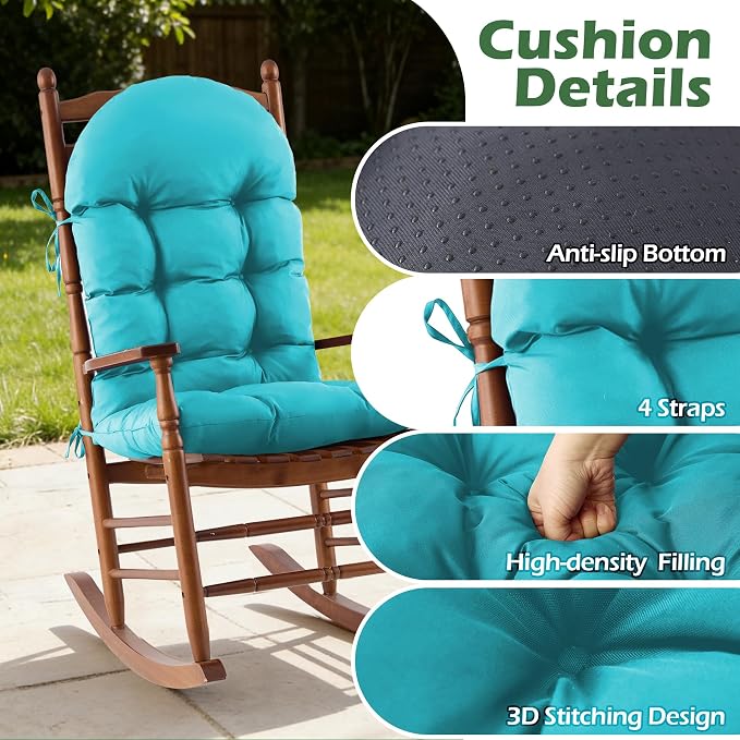 Rocking Chair Cushions, Indoor/Outdoor Adirondack Chair Cushion, Waterproof and Fade-Resistant Rocking Chairs Pads, Non-Slip Tufted High Back Patio Chairs Cushions with Ties, 44x19x4 Inch, Teal