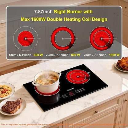 Dual Coils Design of Double Burner Electric Cooktop, 1800W Commercial Ceramic Infrared Cooking Hot Plate, Portable Countertop or 24in Built-in Radiant Stove Top Cooker with WATT n TEMP Heating Control