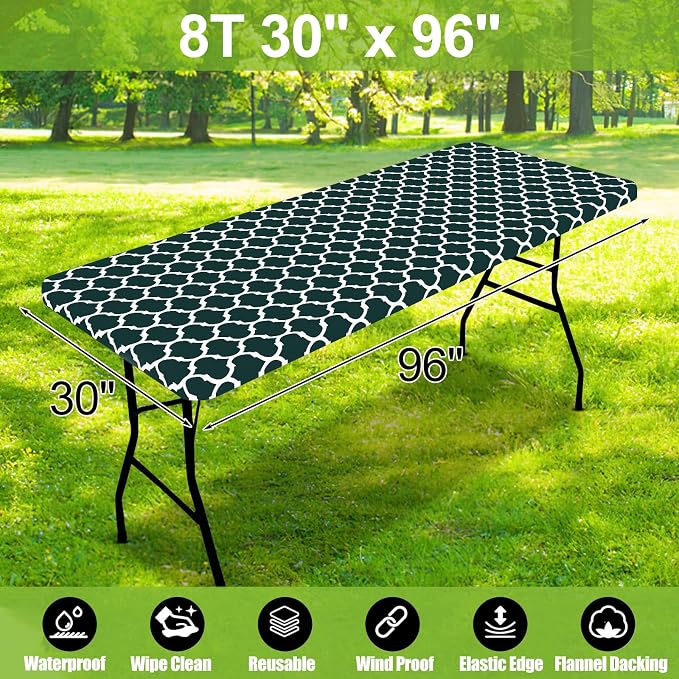 Smiry Picnic Fitted Table Cover, 8 Foot Flannel Backed Vinyl Tablecloth | Waterproof Elastic Stretch Table Cloth, Wipeable Plastic Tablecloth for Camping, Indoor & Outdoor (Hunter Green, 30" x 96")
